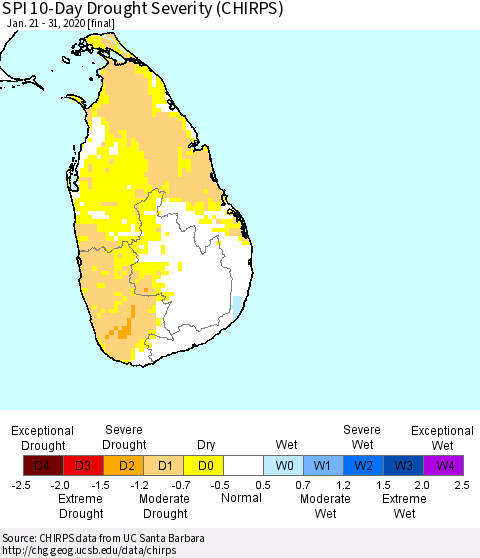 Sri Lanka SPI 10-Day Drought Severity (CHIRPS) Thematic Map For 1/21/2020 - 1/31/2020