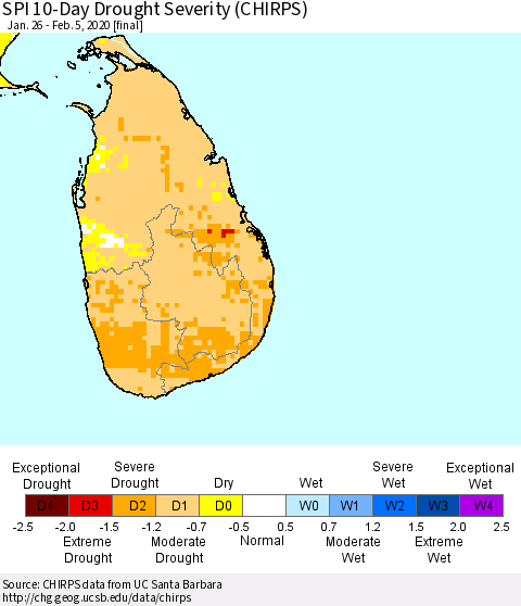 Sri Lanka SPI 10-Day Drought Severity (CHIRPS) Thematic Map For 1/26/2020 - 2/5/2020
