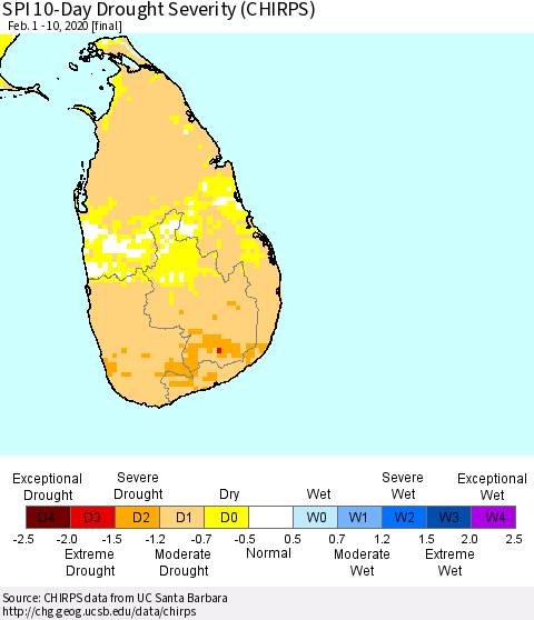 Sri Lanka SPI 10-Day Drought Severity (CHIRPS) Thematic Map For 2/1/2020 - 2/10/2020