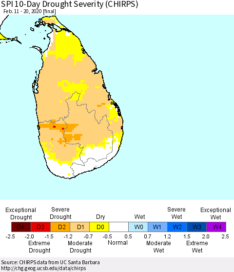 Sri Lanka SPI 10-Day Drought Severity (CHIRPS) Thematic Map For 2/11/2020 - 2/20/2020