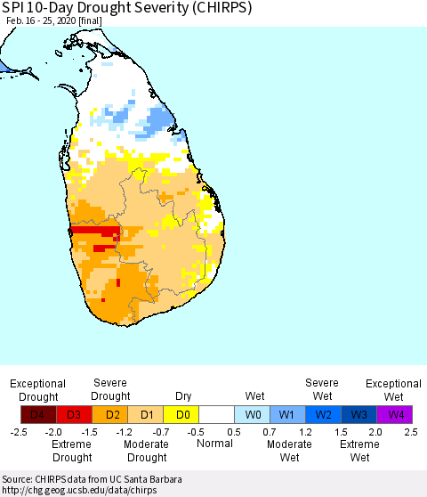 Sri Lanka SPI 10-Day Drought Severity (CHIRPS) Thematic Map For 2/16/2020 - 2/25/2020