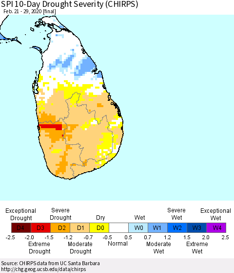Sri Lanka SPI 10-Day Drought Severity (CHIRPS) Thematic Map For 2/21/2020 - 2/29/2020