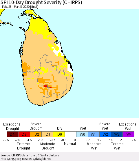 Sri Lanka SPI 10-Day Drought Severity (CHIRPS) Thematic Map For 2/26/2020 - 3/5/2020