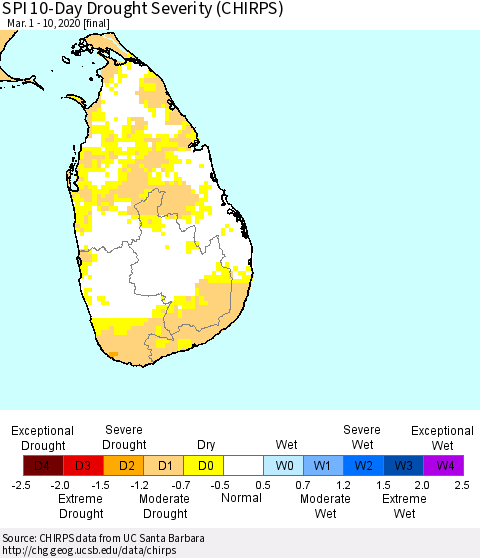 Sri Lanka SPI 10-Day Drought Severity (CHIRPS) Thematic Map For 3/1/2020 - 3/10/2020