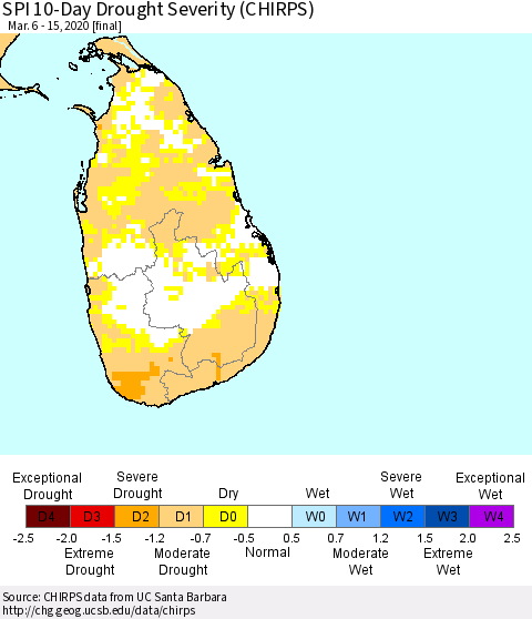 Sri Lanka SPI 10-Day Drought Severity (CHIRPS) Thematic Map For 3/6/2020 - 3/15/2020