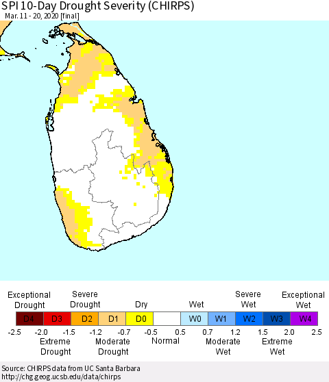 Sri Lanka SPI 10-Day Drought Severity (CHIRPS) Thematic Map For 3/11/2020 - 3/20/2020