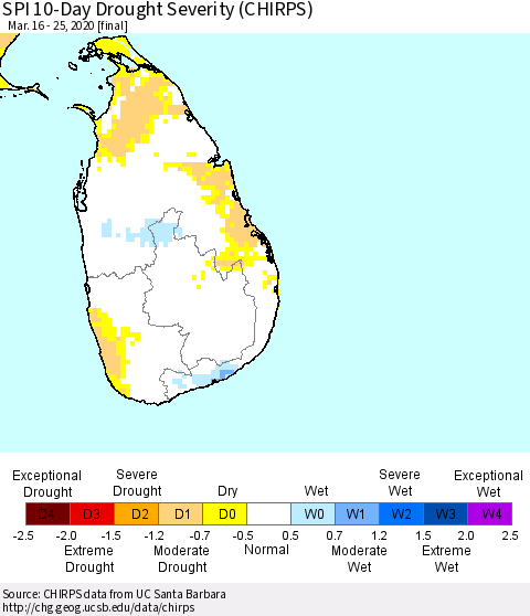 Sri Lanka SPI 10-Day Drought Severity (CHIRPS) Thematic Map For 3/16/2020 - 3/25/2020