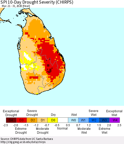 Sri Lanka SPI 10-Day Drought Severity (CHIRPS) Thematic Map For 3/21/2020 - 3/31/2020