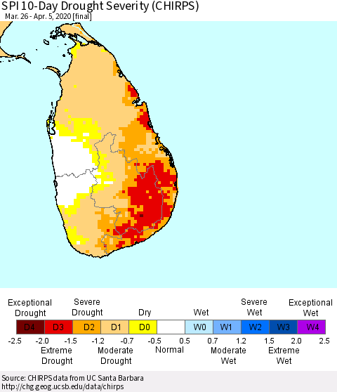 Sri Lanka SPI 10-Day Drought Severity (CHIRPS) Thematic Map For 3/26/2020 - 4/5/2020
