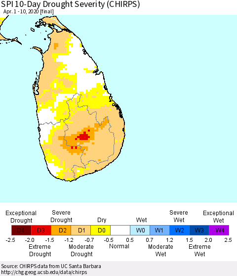 Sri Lanka SPI 10-Day Drought Severity (CHIRPS) Thematic Map For 4/1/2020 - 4/10/2020