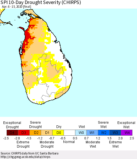 Sri Lanka SPI 10-Day Drought Severity (CHIRPS) Thematic Map For 4/6/2020 - 4/15/2020
