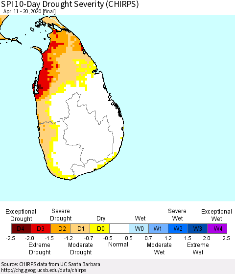 Sri Lanka SPI 10-Day Drought Severity (CHIRPS) Thematic Map For 4/11/2020 - 4/20/2020