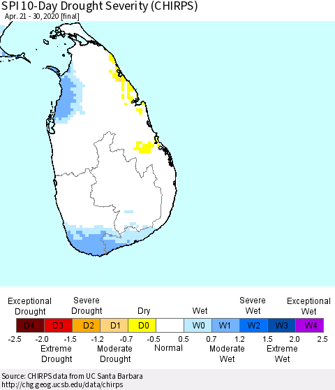 Sri Lanka SPI 10-Day Drought Severity (CHIRPS) Thematic Map For 4/21/2020 - 4/30/2020
