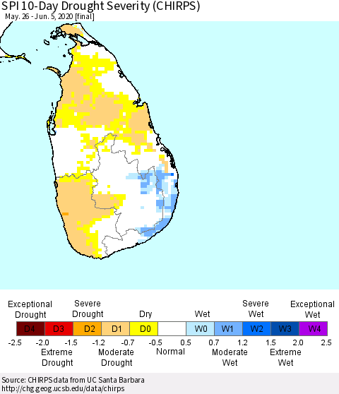 Sri Lanka SPI 10-Day Drought Severity (CHIRPS) Thematic Map For 5/26/2020 - 6/5/2020