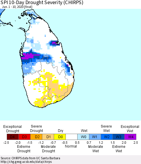 Sri Lanka SPI 10-Day Drought Severity (CHIRPS) Thematic Map For 6/1/2020 - 6/10/2020