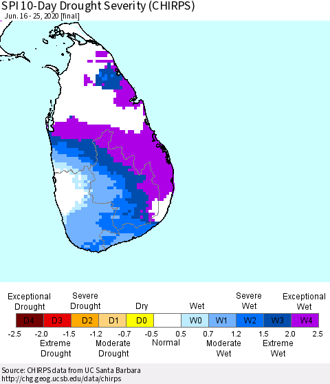 Sri Lanka SPI 10-Day Drought Severity (CHIRPS) Thematic Map For 6/16/2020 - 6/25/2020