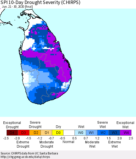 Sri Lanka SPI 10-Day Drought Severity (CHIRPS) Thematic Map For 6/21/2020 - 6/30/2020
