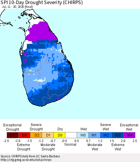 Sri Lanka SPI 10-Day Drought Severity (CHIRPS) Thematic Map For 7/11/2020 - 7/20/2020