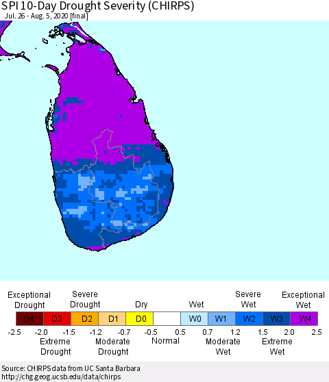 Sri Lanka SPI 10-Day Drought Severity (CHIRPS) Thematic Map For 7/26/2020 - 8/5/2020