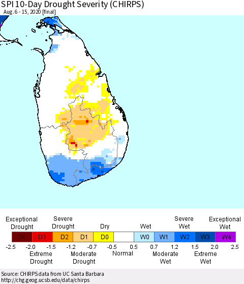 Sri Lanka SPI 10-Day Drought Severity (CHIRPS) Thematic Map For 8/6/2020 - 8/15/2020