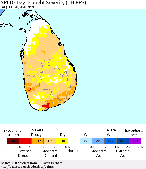 Sri Lanka SPI 10-Day Drought Severity (CHIRPS) Thematic Map For 8/11/2020 - 8/20/2020