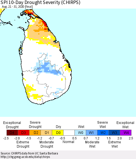 Sri Lanka SPI 10-Day Drought Severity (CHIRPS) Thematic Map For 8/21/2020 - 8/31/2020