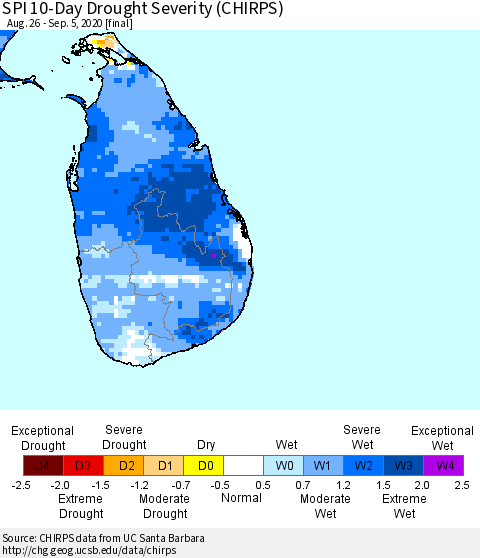 Sri Lanka SPI 10-Day Drought Severity (CHIRPS) Thematic Map For 8/26/2020 - 9/5/2020