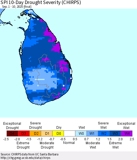 Sri Lanka SPI 10-Day Drought Severity (CHIRPS) Thematic Map For 9/1/2020 - 9/10/2020
