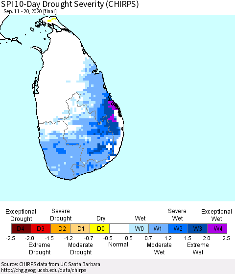Sri Lanka SPI 10-Day Drought Severity (CHIRPS) Thematic Map For 9/11/2020 - 9/20/2020