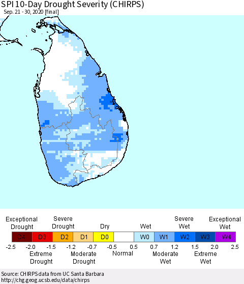 Sri Lanka SPI 10-Day Drought Severity (CHIRPS) Thematic Map For 9/21/2020 - 9/30/2020