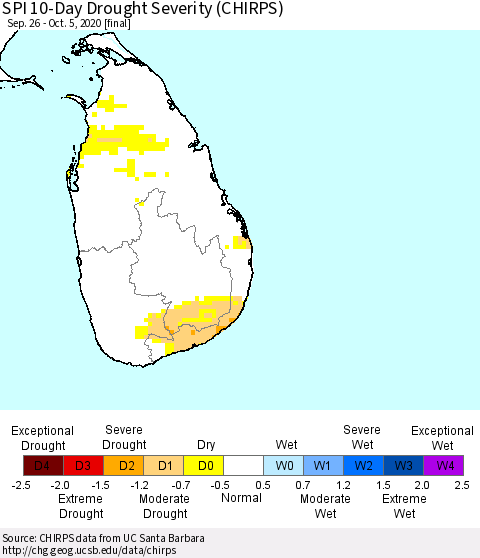 Sri Lanka SPI 10-Day Drought Severity (CHIRPS) Thematic Map For 9/26/2020 - 10/5/2020