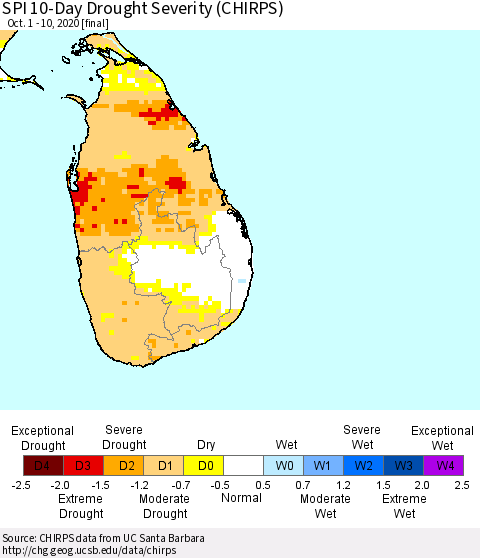 Sri Lanka SPI 10-Day Drought Severity (CHIRPS) Thematic Map For 10/1/2020 - 10/10/2020