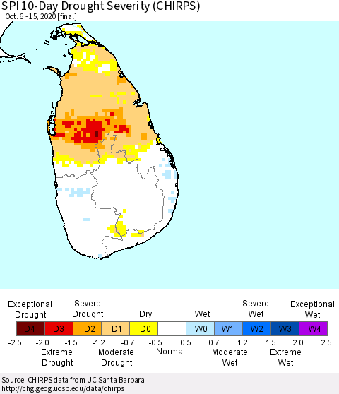 Sri Lanka SPI 10-Day Drought Severity (CHIRPS) Thematic Map For 10/6/2020 - 10/15/2020