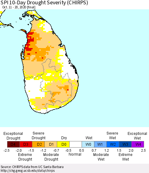 Sri Lanka SPI 10-Day Drought Severity (CHIRPS) Thematic Map For 10/11/2020 - 10/20/2020