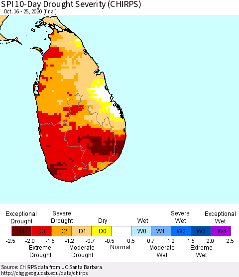 Sri Lanka SPI 10-Day Drought Severity (CHIRPS) Thematic Map For 10/16/2020 - 10/25/2020