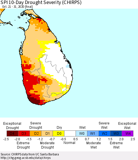 Sri Lanka SPI 10-Day Drought Severity (CHIRPS) Thematic Map For 10/21/2020 - 10/31/2020
