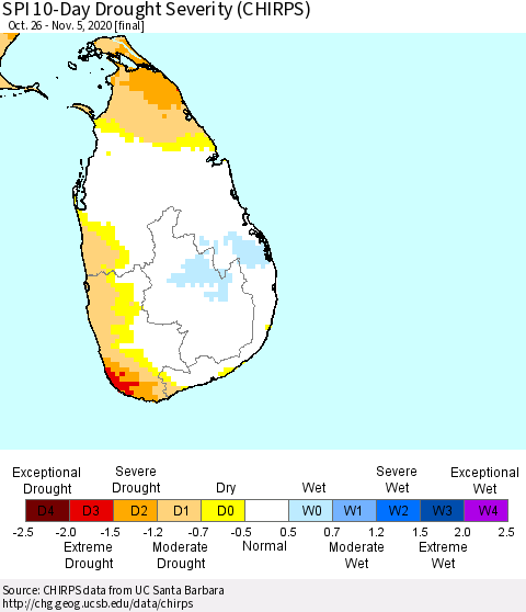 Sri Lanka SPI 10-Day Drought Severity (CHIRPS) Thematic Map For 10/26/2020 - 11/5/2020
