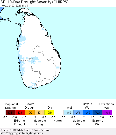 Sri Lanka SPI 10-Day Drought Severity (CHIRPS) Thematic Map For 11/11/2020 - 11/20/2020