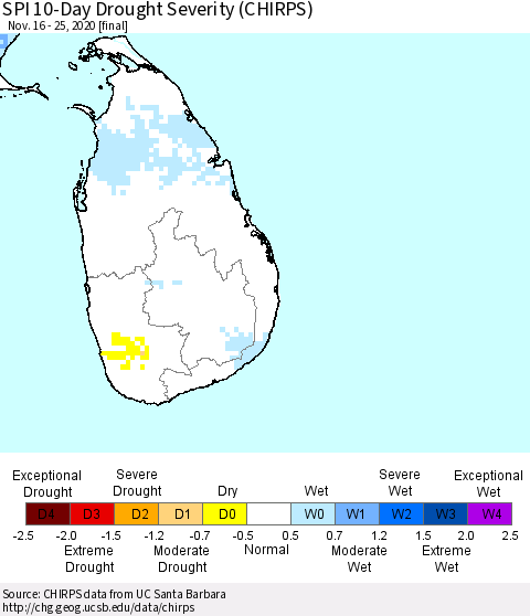 Sri Lanka SPI 10-Day Drought Severity (CHIRPS) Thematic Map For 11/16/2020 - 11/25/2020