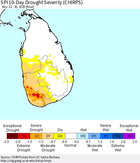 Sri Lanka SPI 10-Day Drought Severity (CHIRPS) Thematic Map For 11/21/2020 - 11/30/2020