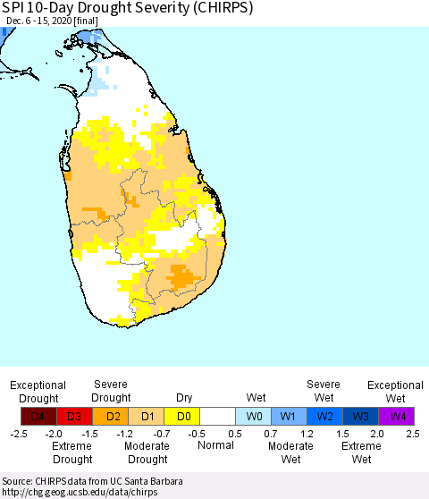 Sri Lanka SPI 10-Day Drought Severity (CHIRPS) Thematic Map For 12/6/2020 - 12/15/2020