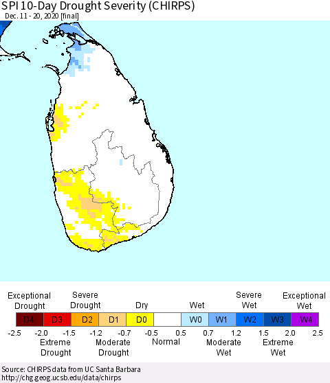 Sri Lanka SPI 10-Day Drought Severity (CHIRPS) Thematic Map For 12/11/2020 - 12/20/2020