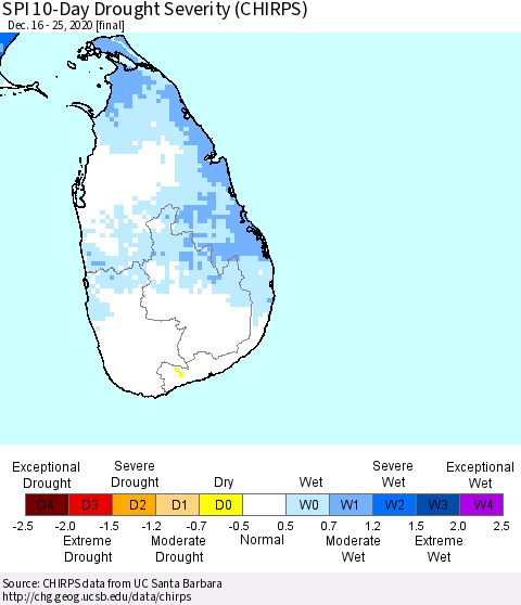 Sri Lanka SPI 10-Day Drought Severity (CHIRPS) Thematic Map For 12/16/2020 - 12/25/2020