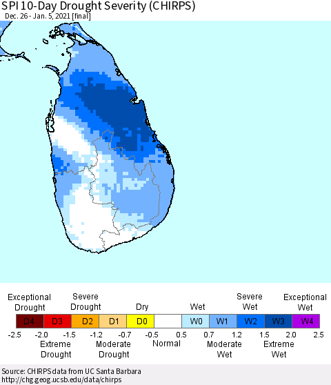 Sri Lanka SPI 10-Day Drought Severity (CHIRPS) Thematic Map For 12/26/2020 - 1/5/2021