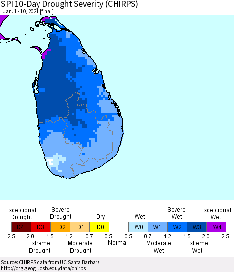 Sri Lanka SPI 10-Day Drought Severity (CHIRPS) Thematic Map For 1/1/2021 - 1/10/2021