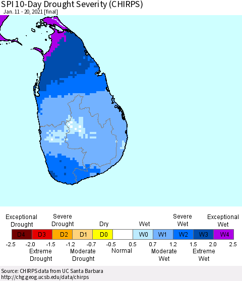 Sri Lanka SPI 10-Day Drought Severity (CHIRPS) Thematic Map For 1/11/2021 - 1/20/2021