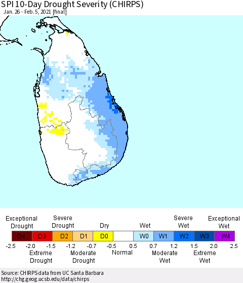 Sri Lanka SPI 10-Day Drought Severity (CHIRPS) Thematic Map For 1/26/2021 - 2/5/2021