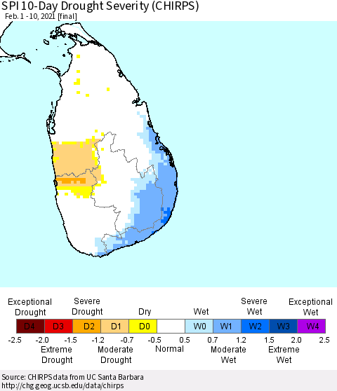 Sri Lanka SPI 10-Day Drought Severity (CHIRPS) Thematic Map For 2/1/2021 - 2/10/2021