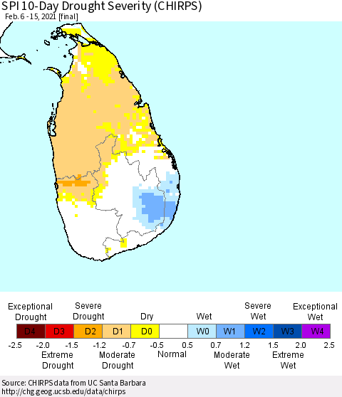 Sri Lanka SPI 10-Day Drought Severity (CHIRPS) Thematic Map For 2/6/2021 - 2/15/2021