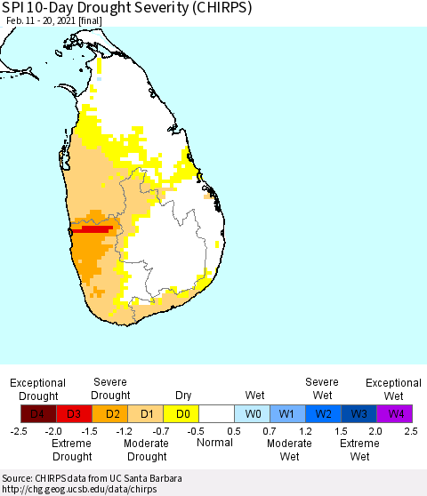 Sri Lanka SPI 10-Day Drought Severity (CHIRPS) Thematic Map For 2/11/2021 - 2/20/2021